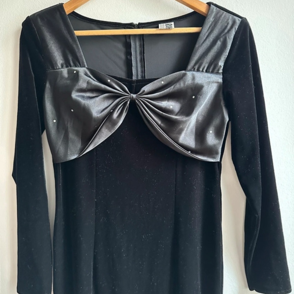 90s Black Velvet Maxi Dress Vintage Bodycon Cocktail Long Sleeves Square Neck